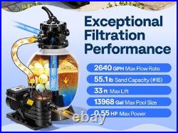 Pool Sand Filter Pump 2640GPH 1/2HP 13 Tank 7-Way Valve Timer Above & In-Ground