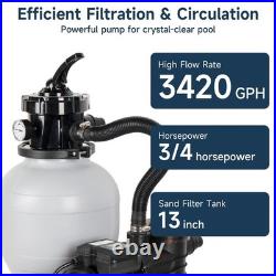Sand Filter Above Ground with 3/4 HP Pool Pump 3420 GPH Flow 13 6-Way Valve US Sand Filter Above Ground with 3/4 HP Pool Pump 3420 GPH Flow 13 6-Way Valve US
