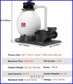 Sand Filter For Above Ground with 1 HP Pool Pump 3880 GPH Flow 16 6-Way Valve