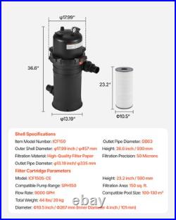 VEVOR 150 sq. Ft² Cartridge Pool Filter Valve 9000 GPH Swimming Pool Filtration
