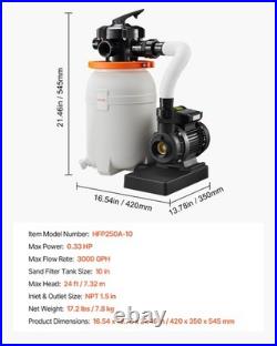 VEVOR Sand Filter Pump for Above Ground Swimming Pools 10 in 3000 GPH 0.33 HP