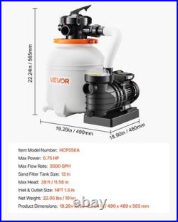 VEVOR Sand Filter Pump for Above Ground Swimming Pools 13 in 3500 GPH 0.75 HP